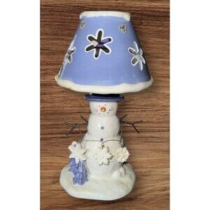 Snowman Tealight Holder Blue And White With Snowflakes 9” Tall